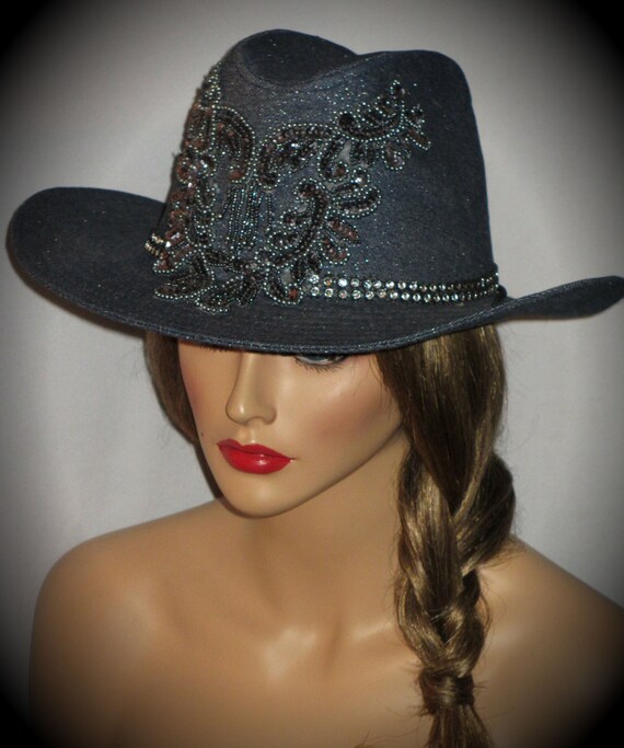 SALE RHINESTONE COWGIRL Blue Denim Glam Cowgirl Hat Denim