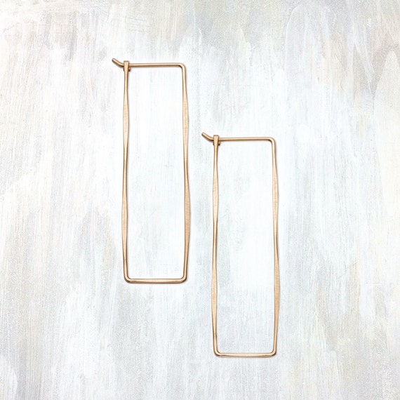 Gold and Rose Gold Hammered Rectangle Earring, Rectangle Hoop