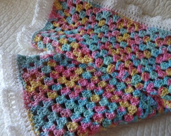 Crocheted Classic Style Granny Square Baby Blanket Pink and