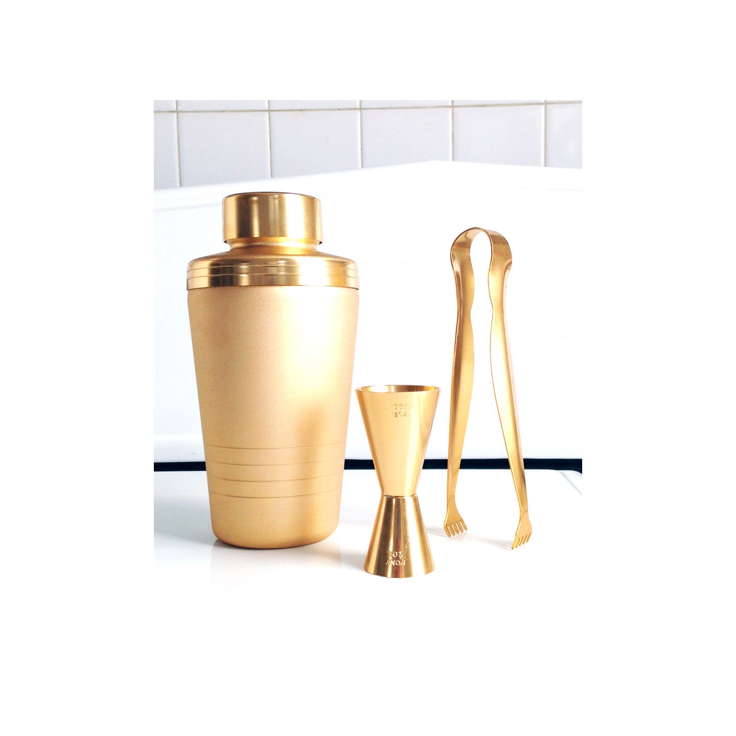 Matte Gold Vintage Cocktail Set / Shaker / Mid Century