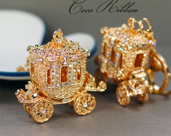 Cinderella Carriage Ornate Rhinestone Crystal Carriage Handbag Purse Gold Alloy KeyChain Key Ring B04