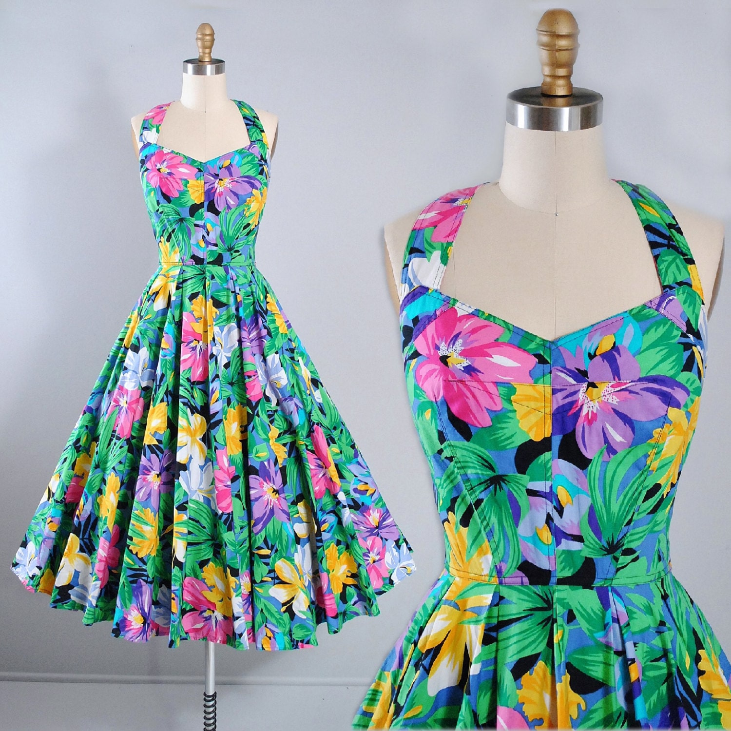 Vintage 80s 1950s Style SUNDRESS TROPICAL Pastel Floral Print