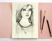 Pen and ink Painting Original Drawing woman portrait 8x10 ink portrait-original art- black and white