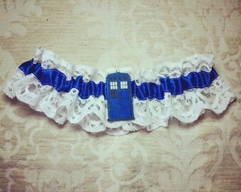 Dr Who Garter, Tardis garter, Doctor Who Wedding, Wedding garter, hen party, batchelorette shower, bridal garter, blue garter, geek lingerie