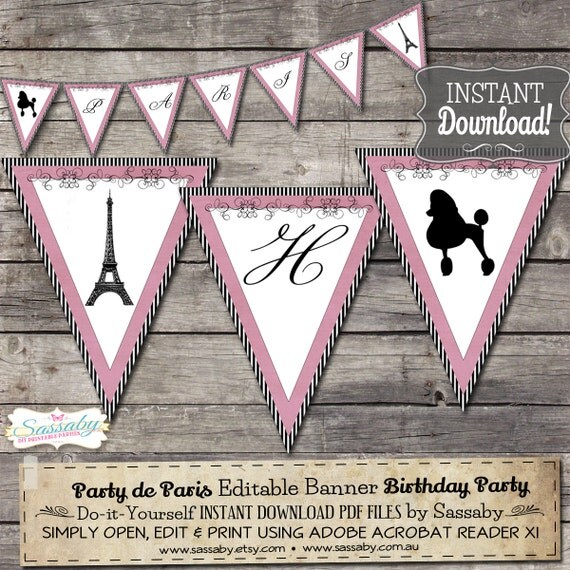 Party de Paris Girls Party Banner - INSTANT DOWNLOAD - Editable & Printable Birthday Decoration by Sassaby Il_570xn