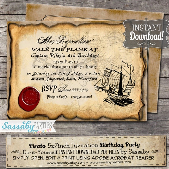 Pirate Birthday Party Invitation - INSTANT DOWNLOAD - Partially Editable & Printable Invite by Sassaby Parties Il_570xn