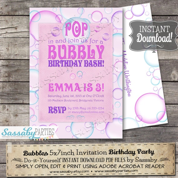 Bubbles Invitation - INSTANT DOWNLOAD - Editable & Printable Birthday Invitation by Sassaby Il_570xn