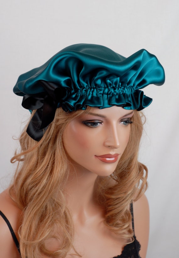 hair silk bonnet for Adjustable Black Silk Bow Charmeuse, Bonnet, Sleep Peacock and Fully