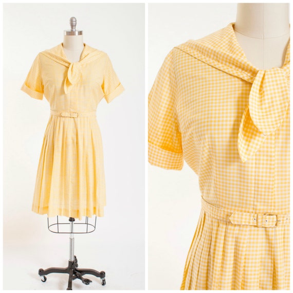 Vintage 50s Dress Yellow Cotton Gingham Shirtwaist Sailor