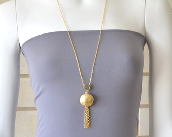 Long Gold Gemstone and Tassel Pendant Necklace, gold necklace, gemstone necklace, gold tassel necklace, delicate necklace, long gold pendant