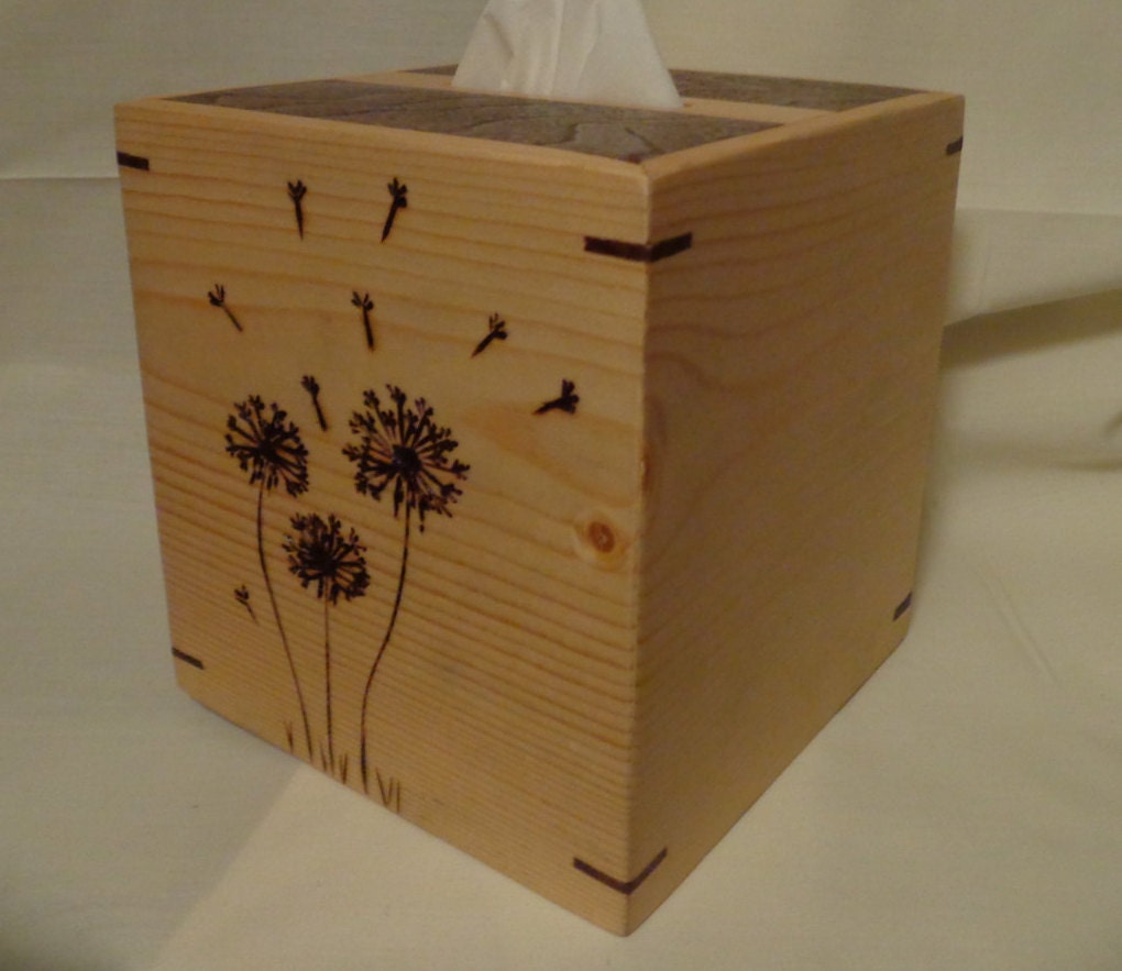 Wooden Kleenex Box Dandelion Wood Burning Home by woodenstitch