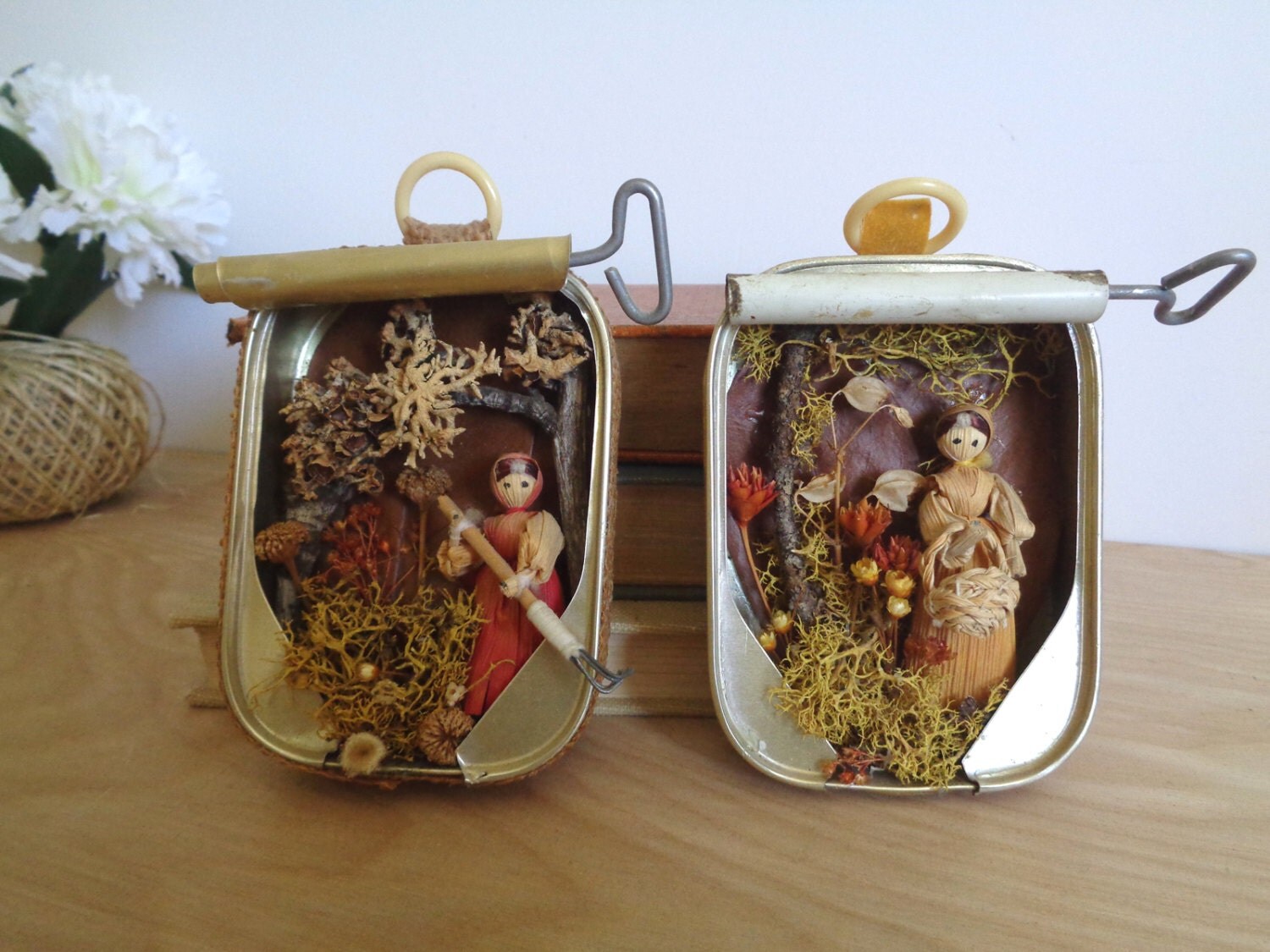 Rare Handcrafted Recycled Tin Sardine Can Art of Doll Ladies