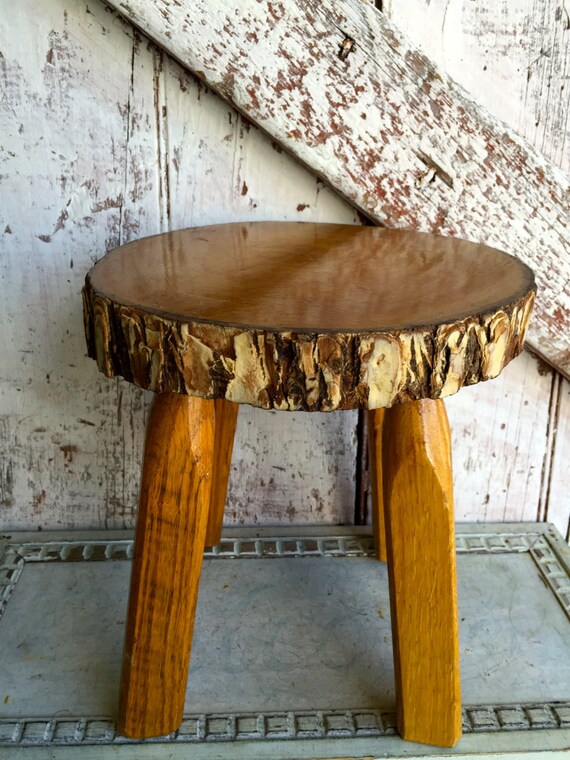 Vintage Wooden Log stool, stool made of slab of wood