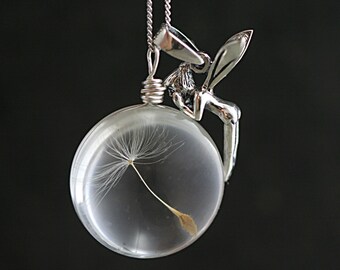 Sterling fairy real dandelion necklace. Make a wish! supported by tinkerbell. Romantic airy sterling jewelry. Gift for her.