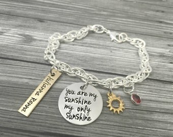 Personalized "You Are My Sunshine My Only Sunshine" Sun Gold And Silver Charm Necklace- Hand Stamped Jewelry - Personalized Jewelry