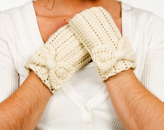 Ivory Bow Crochet Fingerless Gloves, Handmade Crocheted, Women's Warm Soft Winter Accessory, Knitted Texting Gloves, Knit Hand Warmers