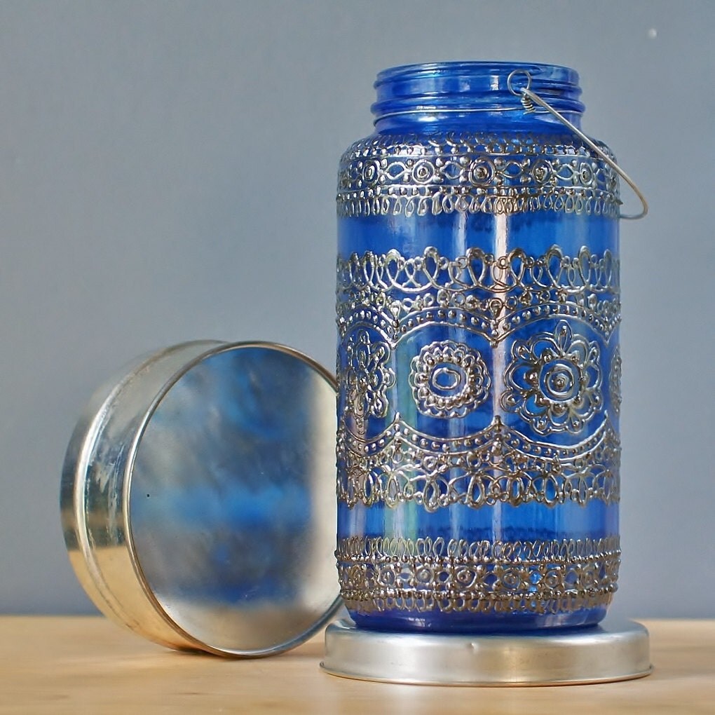 Mason Jar Candle Lantern Azure Blue Glass with Pewter