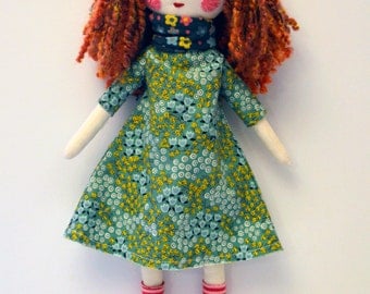 modern rag doll: Emmaline, red hair, rosey rag doll, free personalization