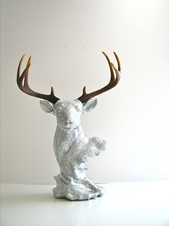 Deer Head Bust Statue in silver with naturallooking antlers