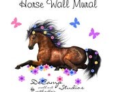 WILD HORSE MURAL Girls Pony Bedroom Wall Decor Flowing Floral Mane Kids Room Baby Nursery Childrens Barnyard Animals Cowgirl Art Stickers