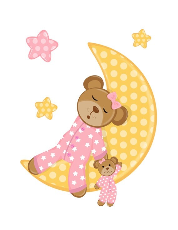 SLEEPY PINK TEDDY Bear Moon Wall Mural Decals Baby Girl Nursery Decor Kids Room Childrens Bedroom Yellow Polka Dot Stars Art Stickers