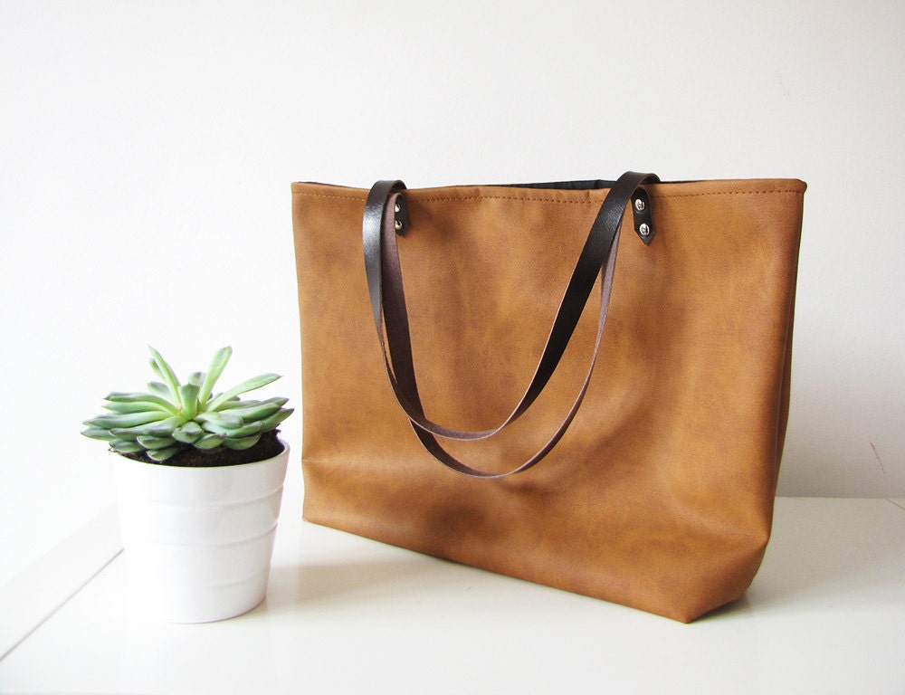 Large Vegan Leather Tote Bag Slouchy Tote Cognac Color