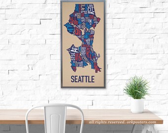 Seattle Neighborhood Map Poster or Print, Original Artist of Type City Neighborhood Map Designs, Typography Map Art