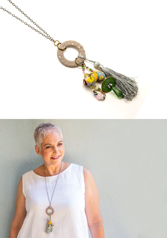 Long fabric pendant necklace Textile Charm Pendant Necklace