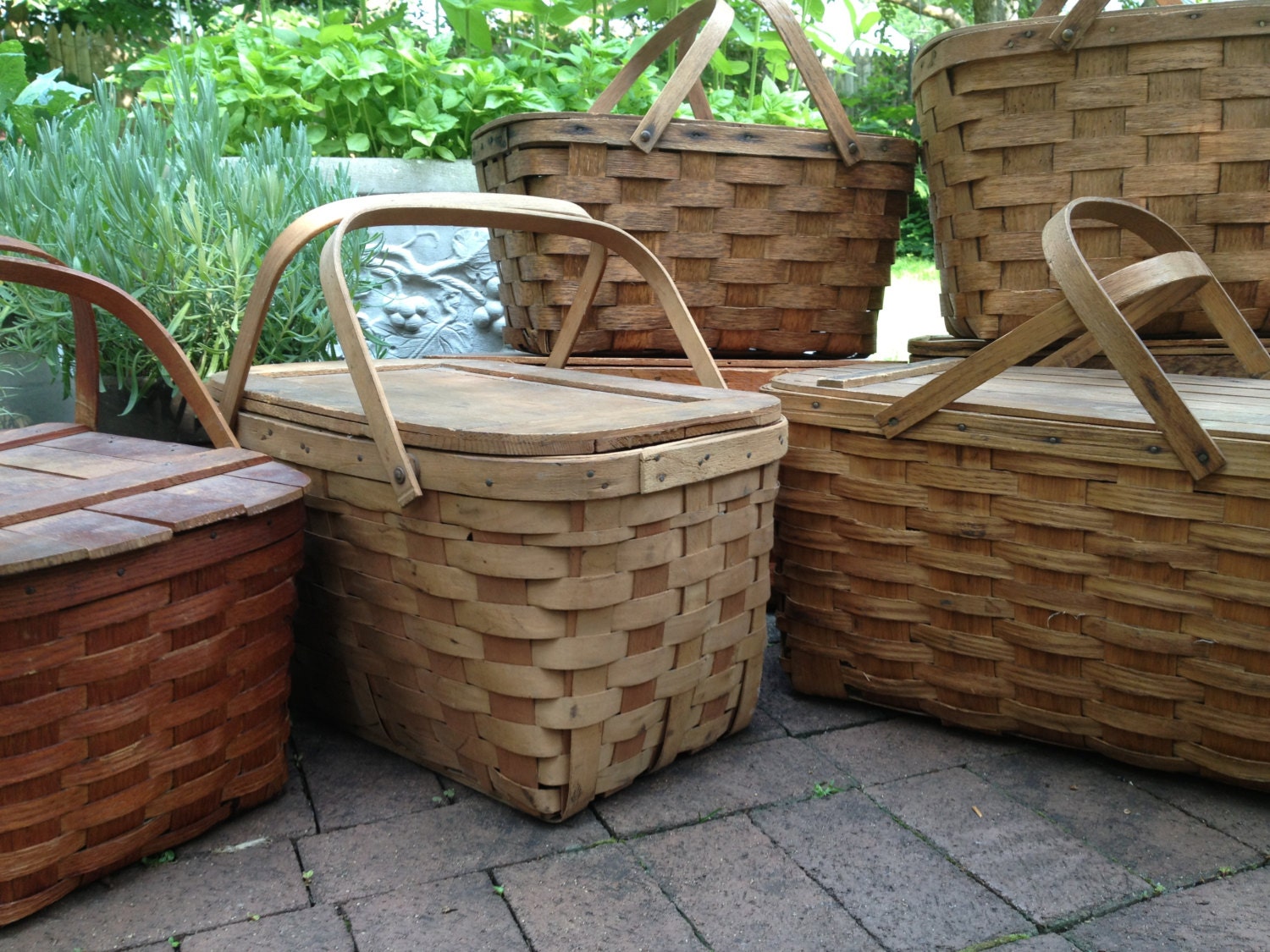 Reserved for Loretta Vintage Wood Picnic Basket Woven Oak