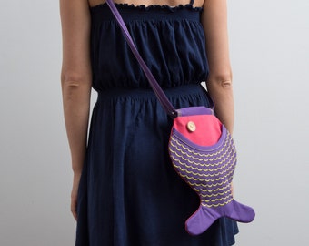 Fish Purse Hot Pink Purple Bag Hipster Bag Kidswear Ocean Inspired Summer Fish Bag Color Block Kawaii Cute Bag Beach Accessories Funny Bag