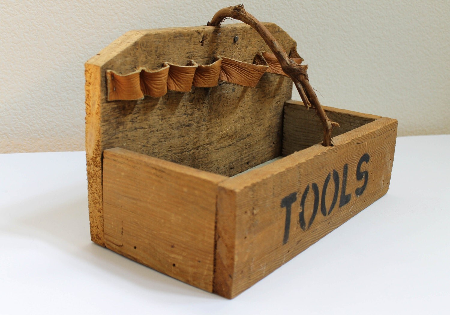 Vintage Wooden Tool Box Caddy with Leather Tool Holders Haute Juice