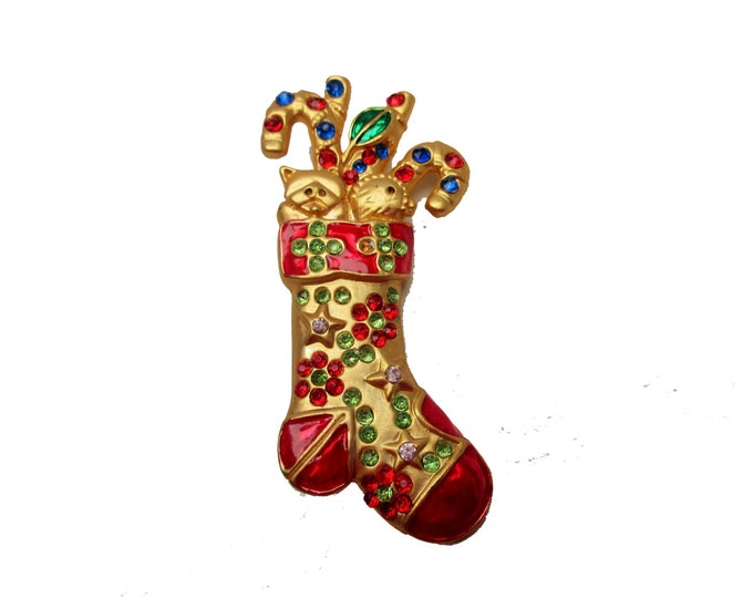 Christmas Stocking Brooch gold enamel and rhinestone pin