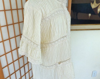 Vintage 70s Pin Tuck and Lace Mexican Top Button Up with 3/4 Sleeves by Herrera of Mexico