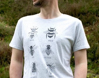 100% Organic Mens T-shirt, hand screen printed with eco-friendly inks Bee Tee, showing a variety of 6 Bees.