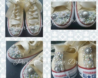 Custom Bride Converse Wedding Shoes - Pearl and Crystals - Pearls and Lace - Pearl Shoes - Swarovski Crystals