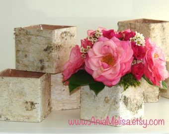 birch bark vases, wood boxes floral arrangement square flower pot, centerpieces planter rustic, chic wedding table decor