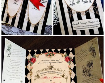 Elegant Alice in Wonderland invitation. Mad Hatter tea party wedding invitation. Alice Sweet sixteen invites. Printed invitations.