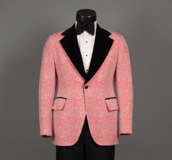 Vintage 1970s Mens Fashions Salmon Pink Paisley Tuxedo