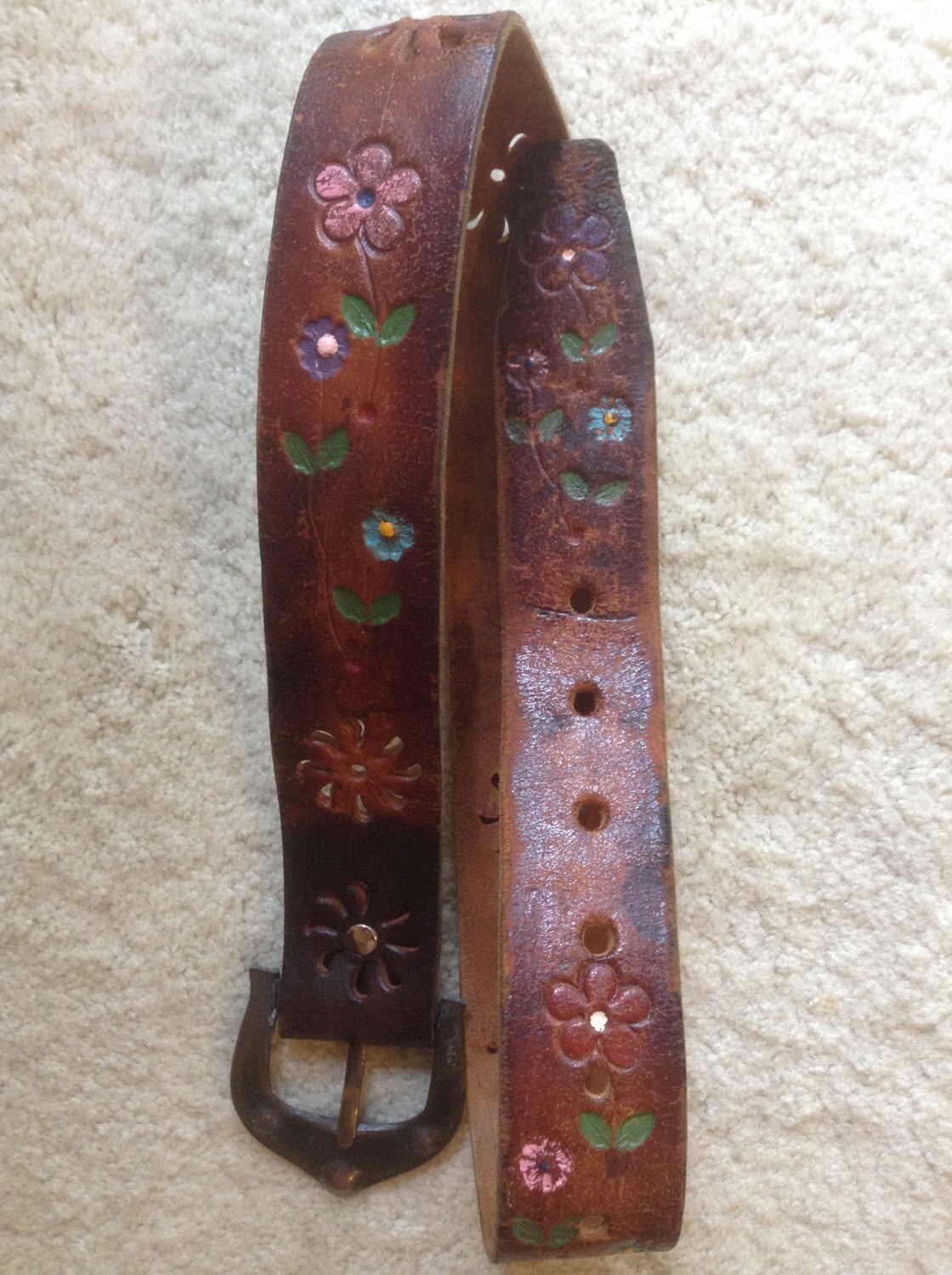 60s Flower Leather Distressed Belt / Womens Brown Leather