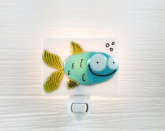 Nightlight, fish, teal, fused glass, turquoise, bathroom, decoration, gift, veille sur toi