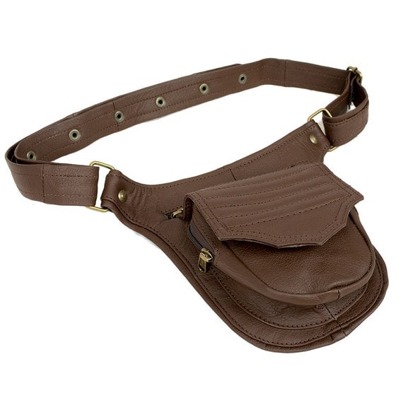 Brown leather utility belt for mens big pockets by