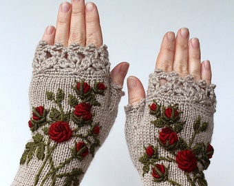 SMALL size, Knitted Fingerless Gloves, Roses, Beige, Clothing And Accessories, Gloves & Mittens, Gift Ideas, For Her, READY to SHIP
