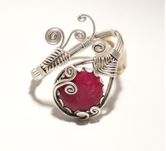 ruby bracelet , pink ruby bracelet , statement bracelet , wire wrapped jewelry handmade , silver cuff bracelet , gift for her , ruby jewelry