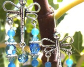 Blue Onyx and Crystal Dragonfly Earrings - Dragonfly Earrings,  Dragonfly Jewelry, Dangle Earrings, Beaded Earrings, Garden Jewelry,