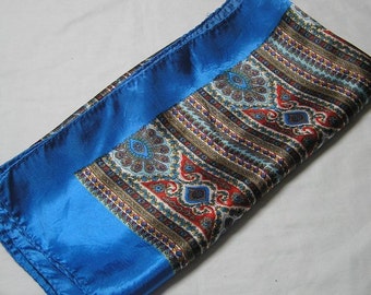 1980s Vintage Scarf in Turquoise Jewel Tones Foulard Pattern in Polyester, 26.25 x 24.5 Inches, Includes Red, Green, and Brown