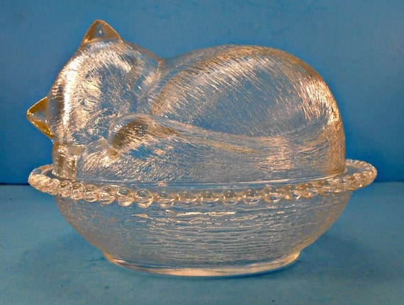 Glass Kitty Cat Covered Dish Clear Glass Bowl Cat in