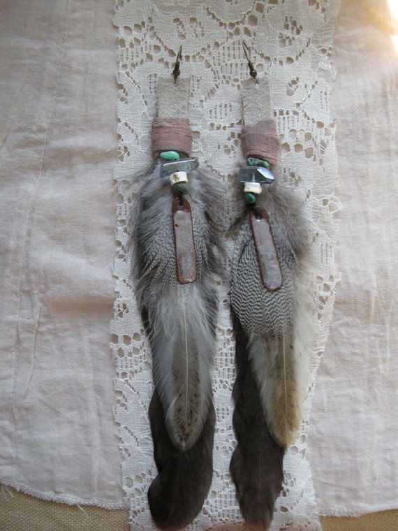 Pastel Rooster Feather Earrings with Copper by ForestFernCreations