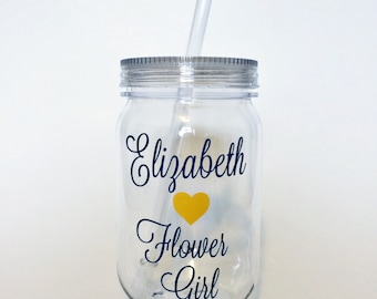 Flower Girl Gift, Flower Girl Tumbler, Flower Girl Cup, Navy and Yellow Wedding, Customized Bride Cup, Bride Cup, Bridesmaid Cups, Cups
