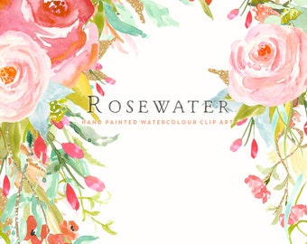 Watercolour Flower Clip Art Collection - Hand Painted Graphics - Rosewater