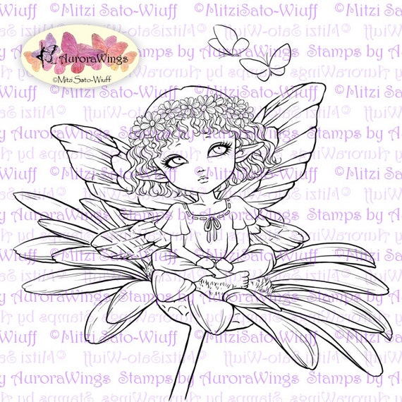 Digital Stamp - Daisy Elf - Big Eye Fairy with Floral Wreath Sitting on Daisy - Fantasy Line Art for Cards & Crafts by Mitzi Sato-Wiuff